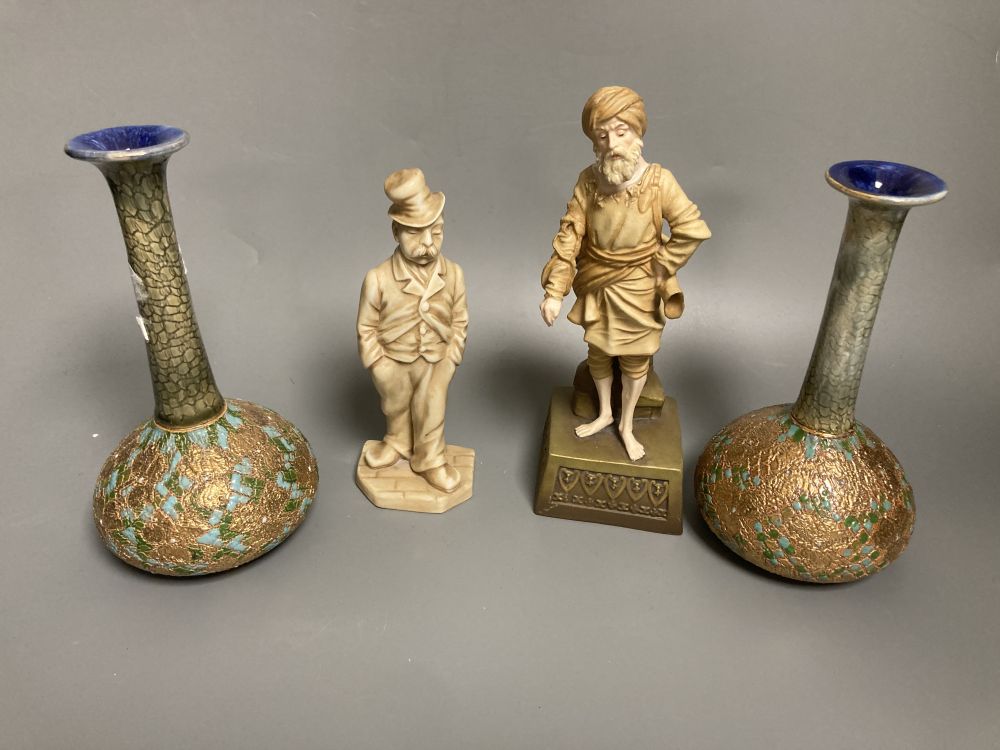 A Royal Worcester figure, an Ernst Wahliss Vienna figurine, and a pair of Doulton vases, tallest 18cm